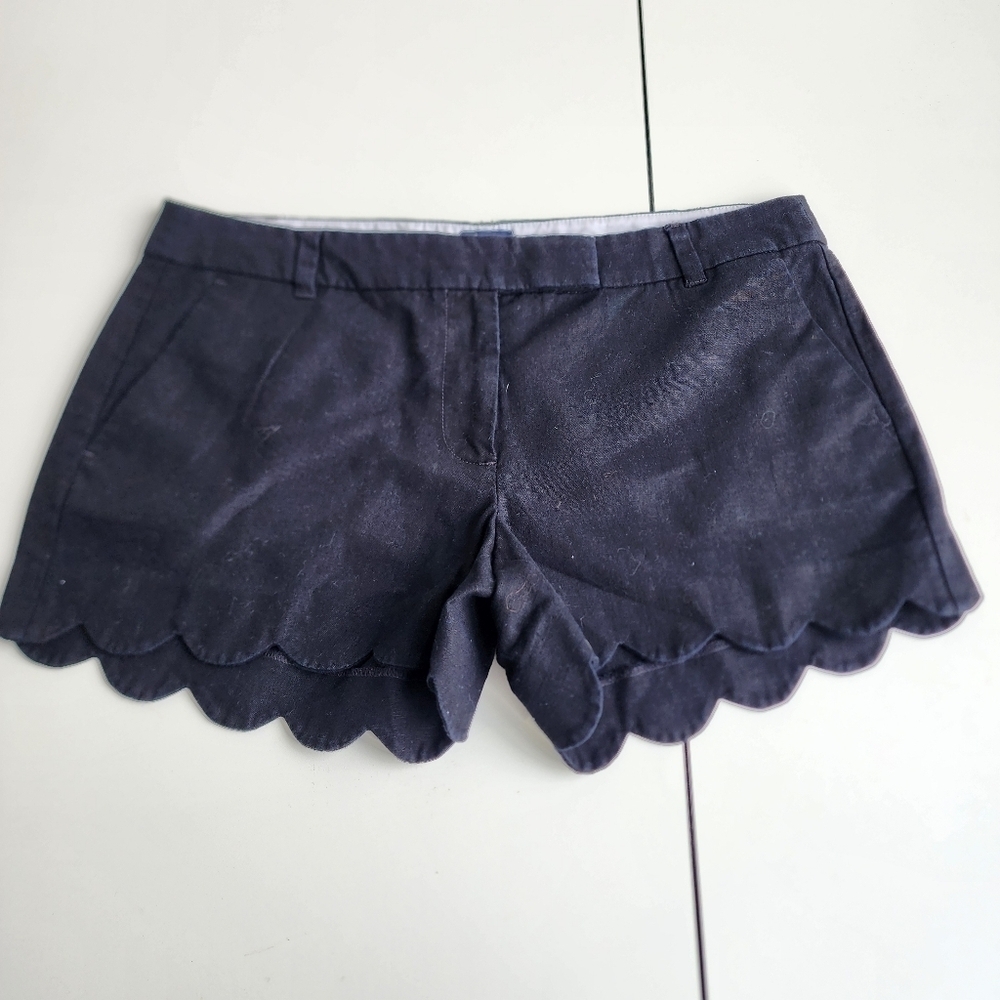 J Crew Shorts Womens 12 Black Scalloped Hem Chino Pockets Summer Linen Cotton